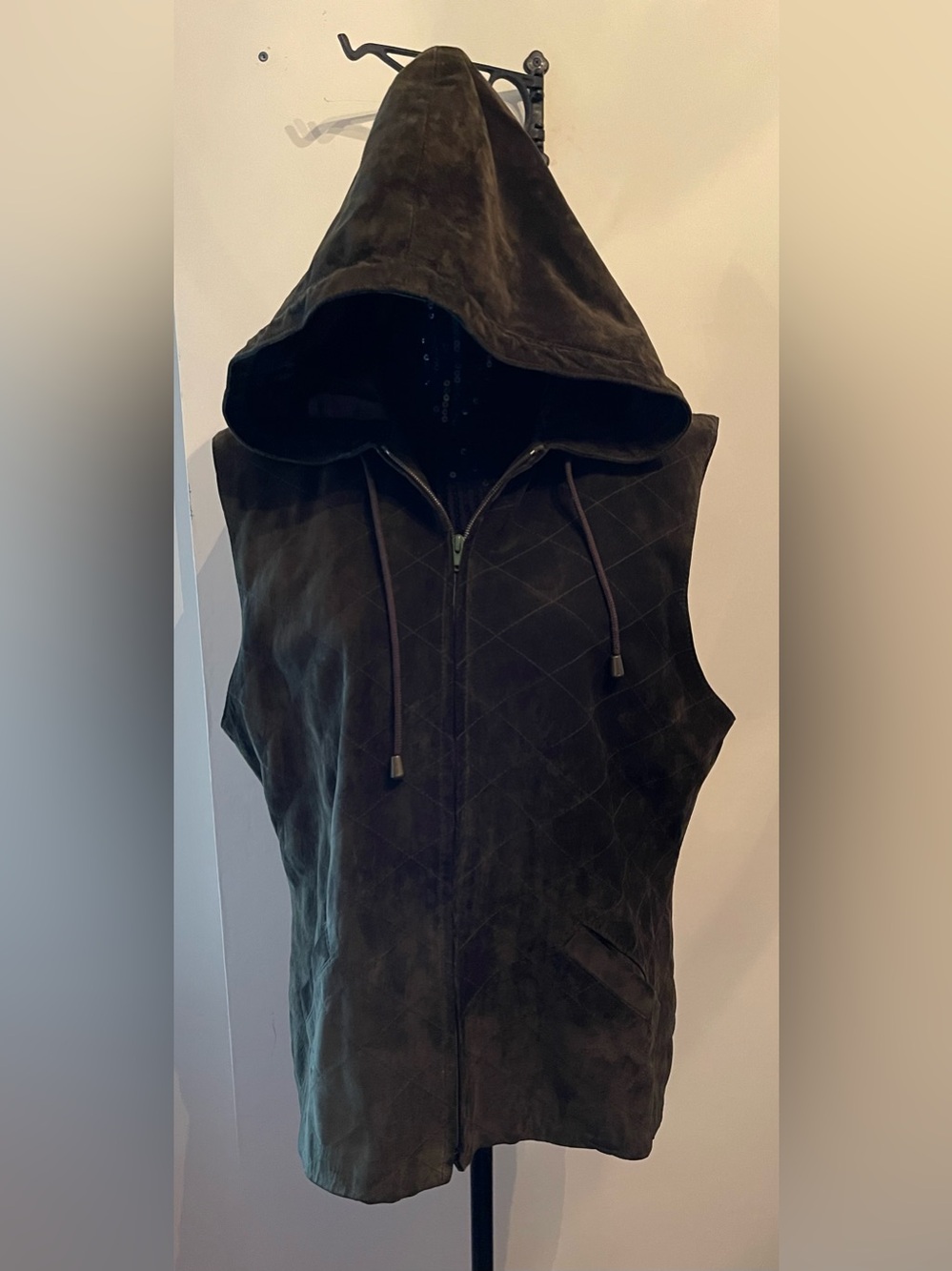 Danier Dark Green Suede Hooded Zip Vest Size Large